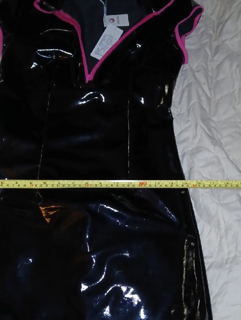UWOWO Black Patent Vinyl Mini Dress with Hot Pink Trim. - Picture 7 of 9